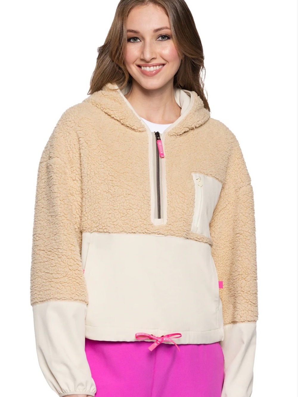 MEDCOUNTURE Cozy Sherpa Half-Zip Hoodie Jacket in Beige medcounture‎